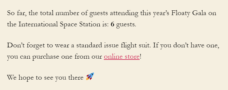 Text shows guest count for a Space Station event and links to an online store for flight suits