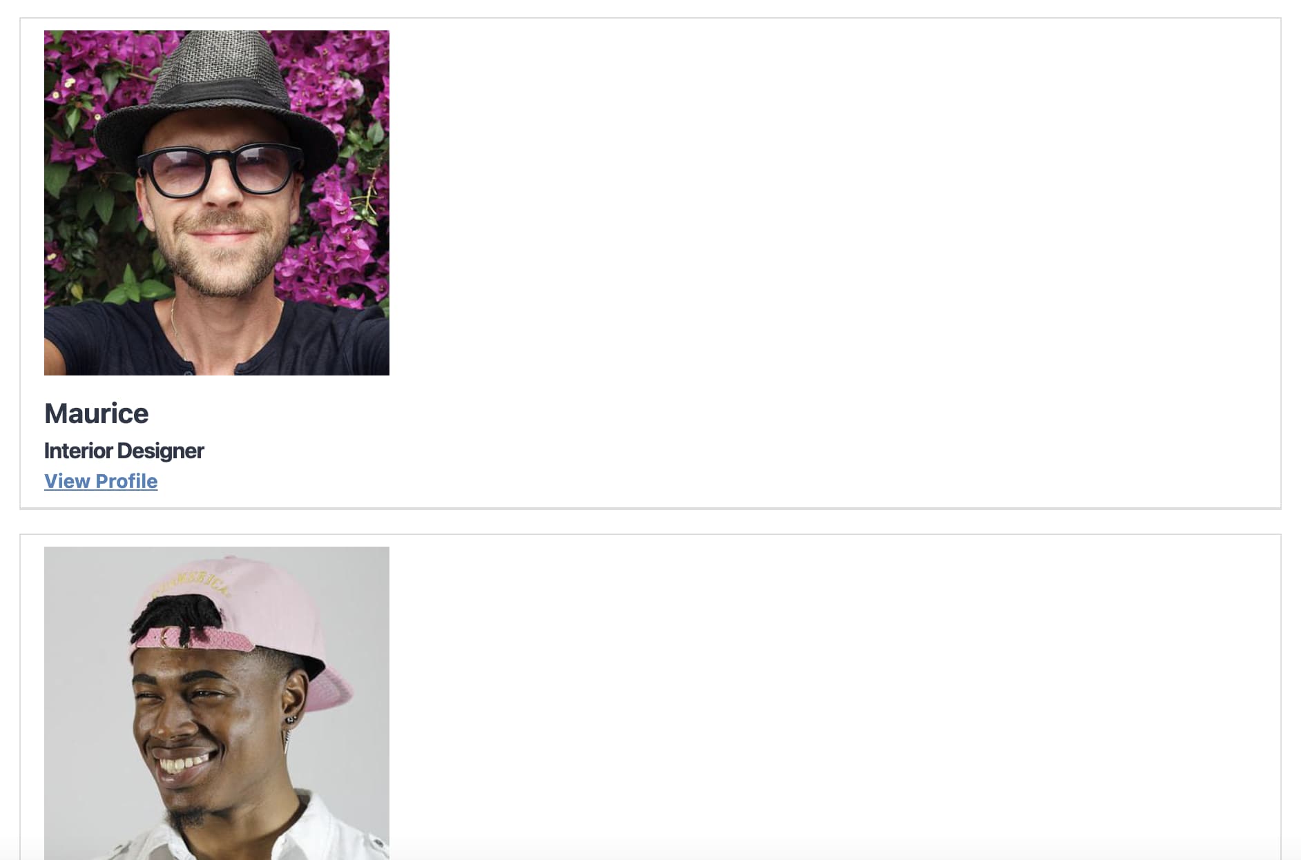 List view of user profiles with pictures and "View Profile" links