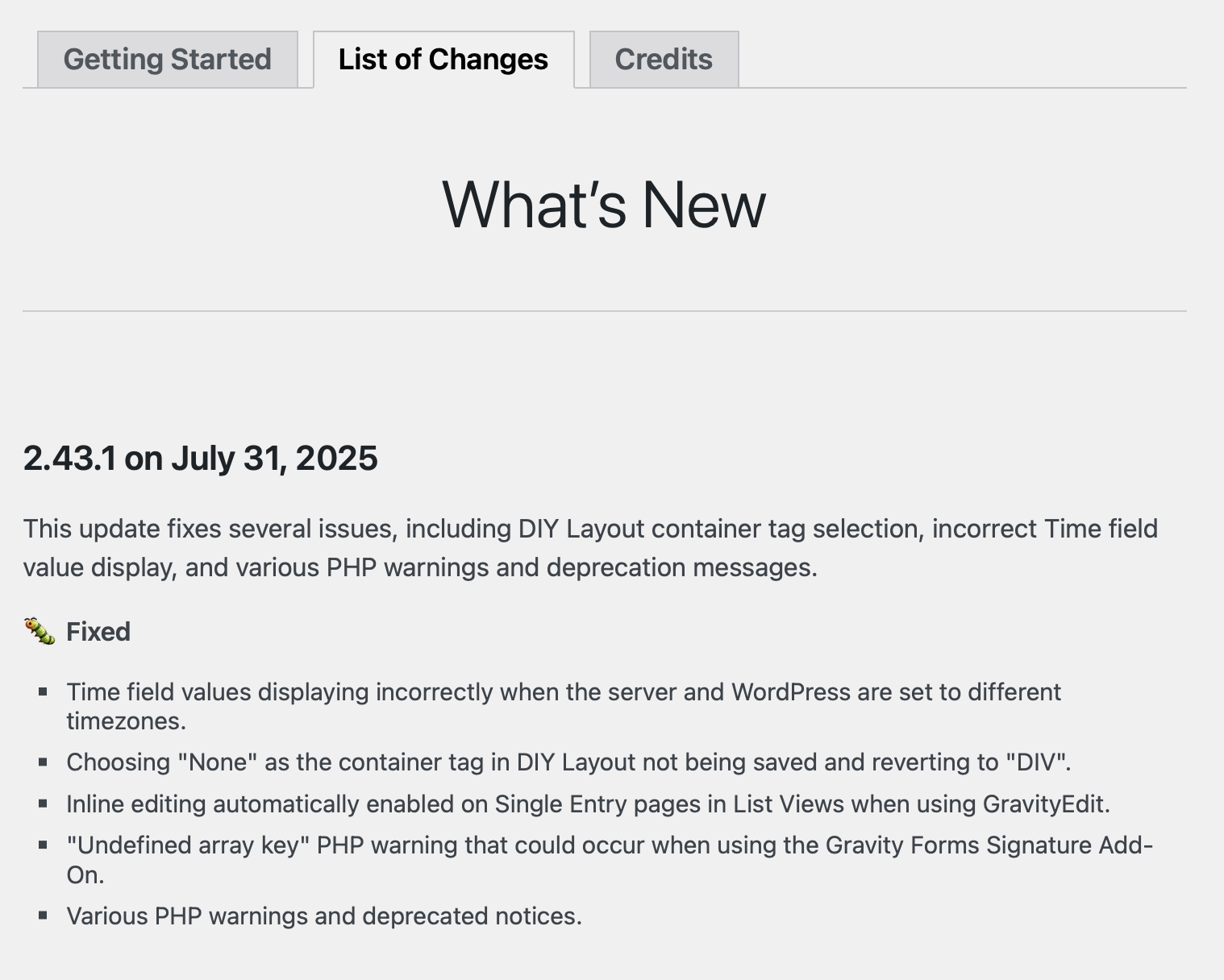 GravityView plugin update 2.43.1 fixes issues with layout tags, time field display, PHP warnings, and deprecation