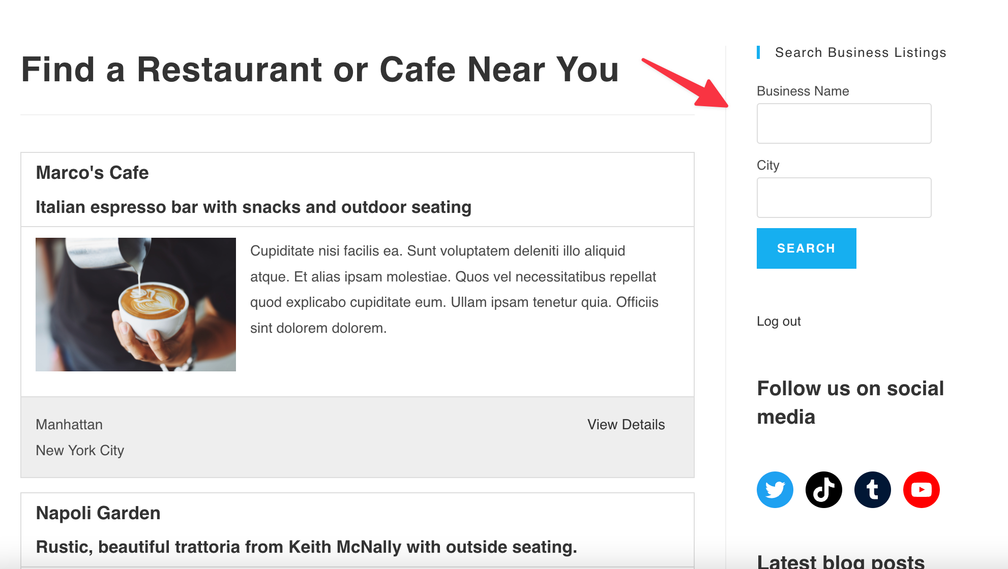 Search widget with fields for business name and city, and a search button to find listings