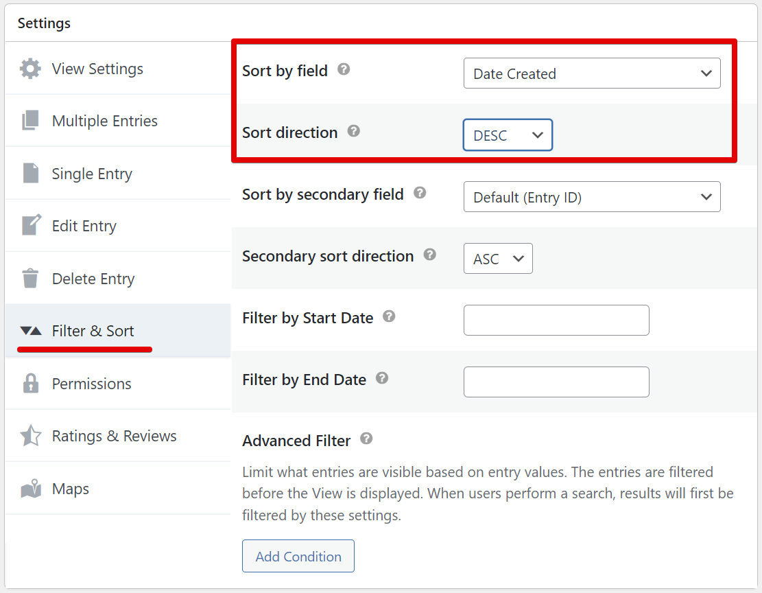 Filter and Sort settings showing sort by "Date Created" and direction "DESC"