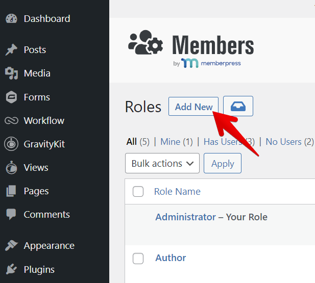 Dashboard showing a "Roles" section with an arrow pointing at "Add New" button for creating roles