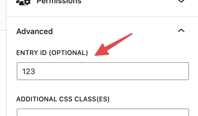 Entry ID field highlighted in chart embedding settings, with optional value 123