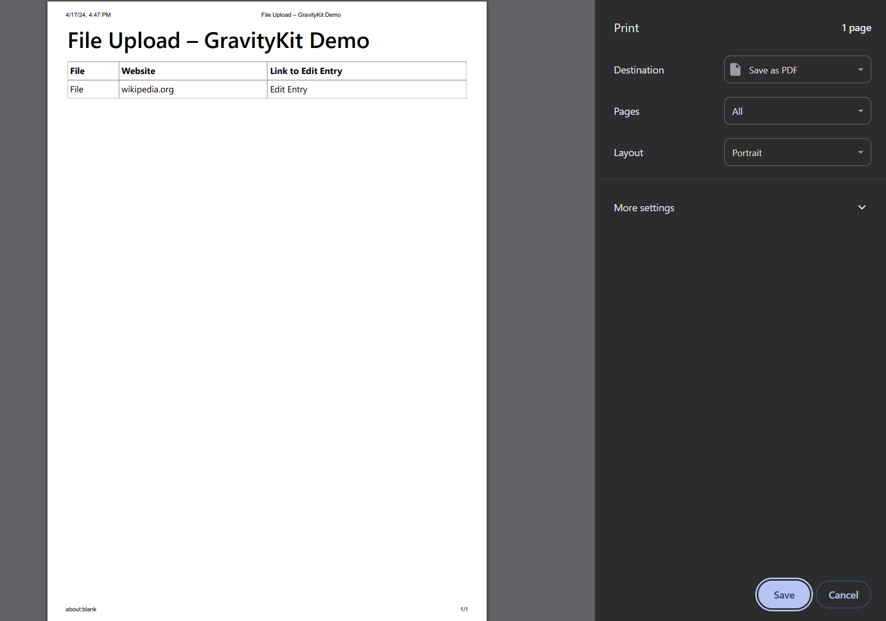 Print preview of a GravityKit demo table with file and URL details, options to save as PDF or print