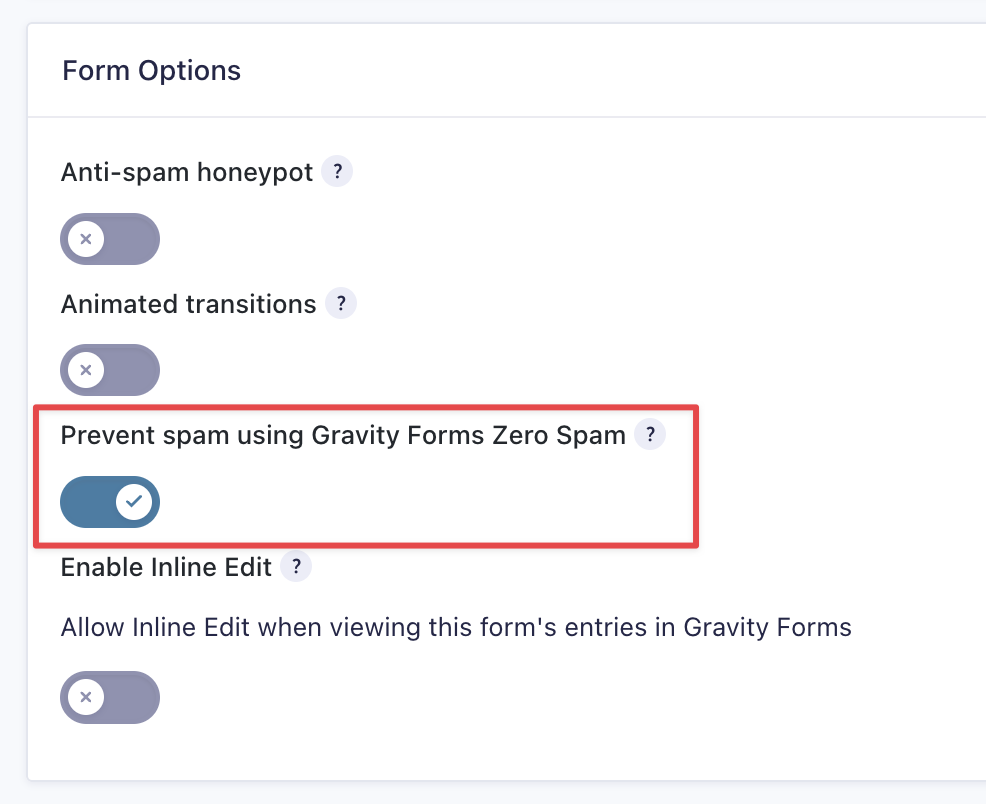 Prevent spam using Gravity Forms Zero Spam toggle switched on