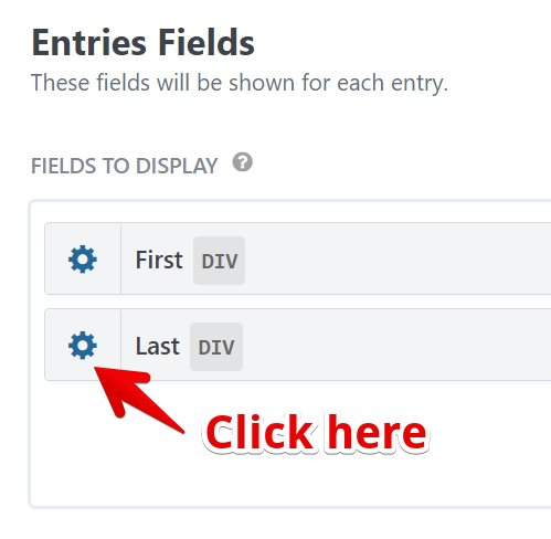 Field selection interface showing "First" and "Last" column headings, gear icon for settings highlighted