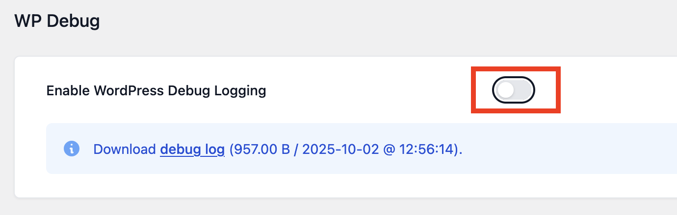 Toggle switch for enabling WordPress debug logging, option to download debug log