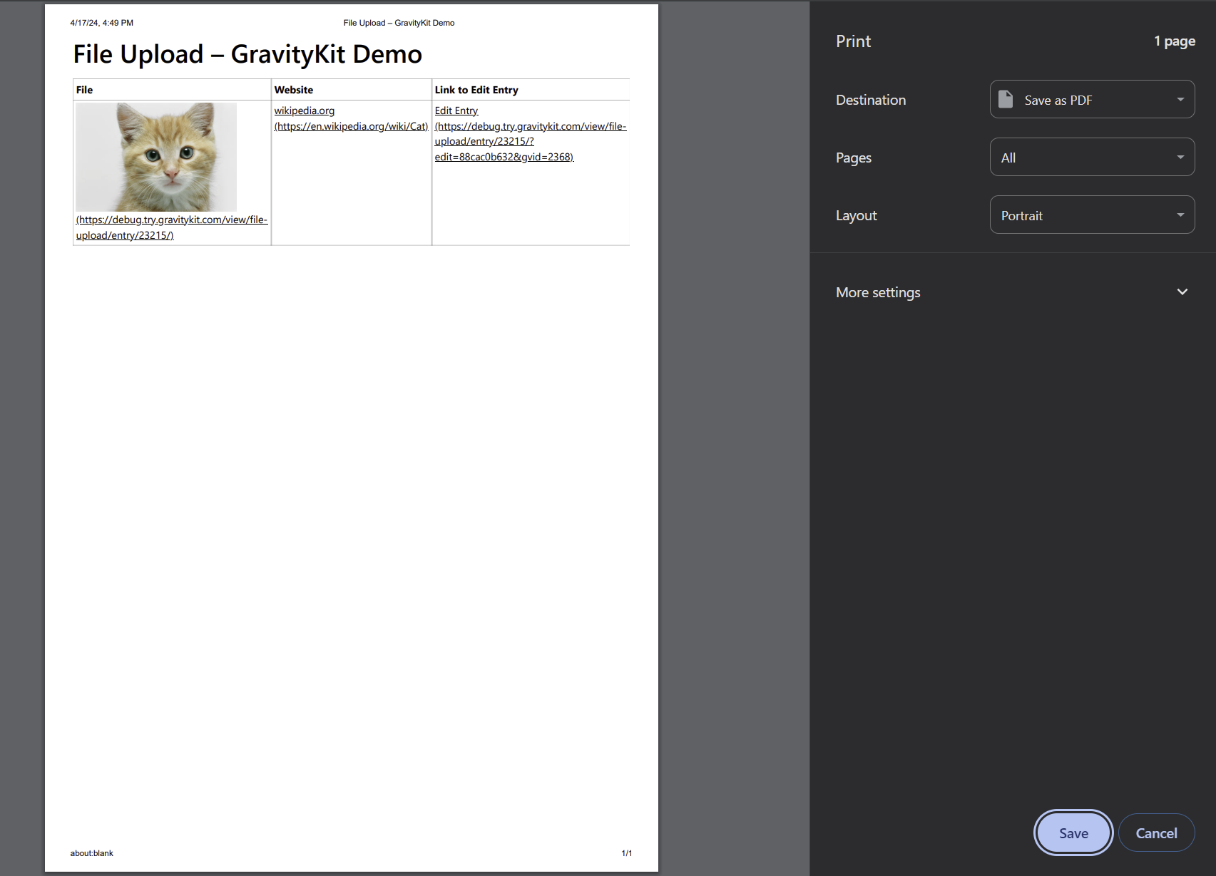 DataTables Print example showing a table with a cat image, website link, and edit entry URL in GravityKit demo