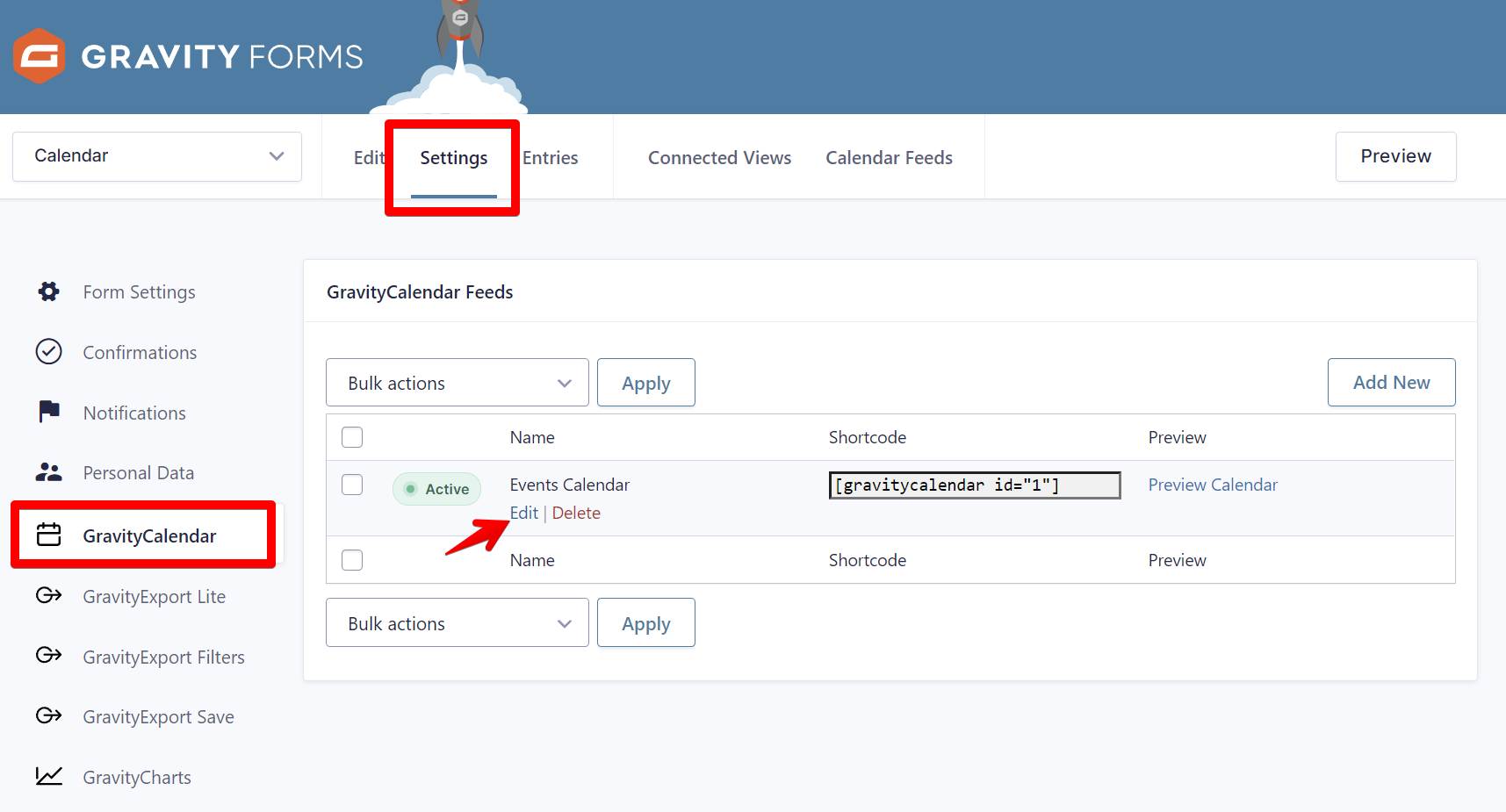 Settings for adding an events calendar in Gravity Forms with shortcode and options to edit or delete