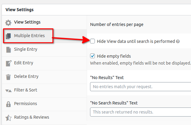 Settings menu with option to hide view data until a search is performed