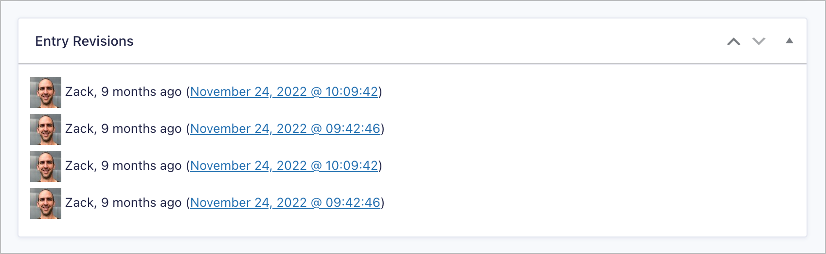Entry Revisions list displaying four updates by Zack on November 24, 2022, with timestamps