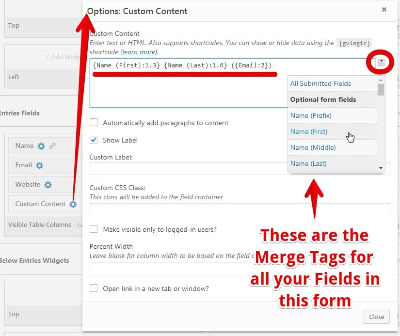 Custom content settings for merging form fields into a single column with optional field tags listed