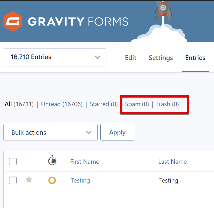 Gravity Forms entries dashboard showing 16,711 total, with 0 spam and trash entries