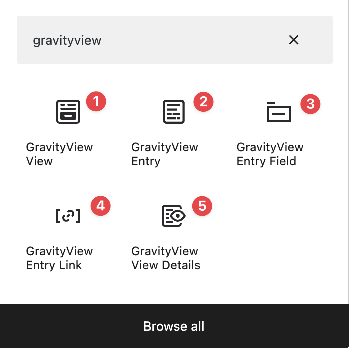 Search interface displaying five GravityView block options: View, Entry, Entry Field, Entry Link, View Details