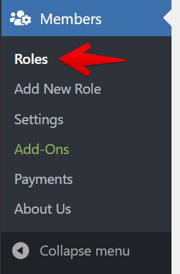 Sidebar menu with Roles, Add New Role, Settings, Add-Ons, Payments, and About Us options highlighted