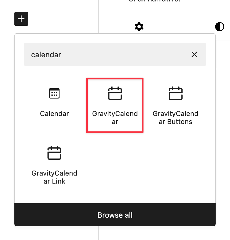 Calendar widget selection with options for Calendar, GravityCalendar, and related features