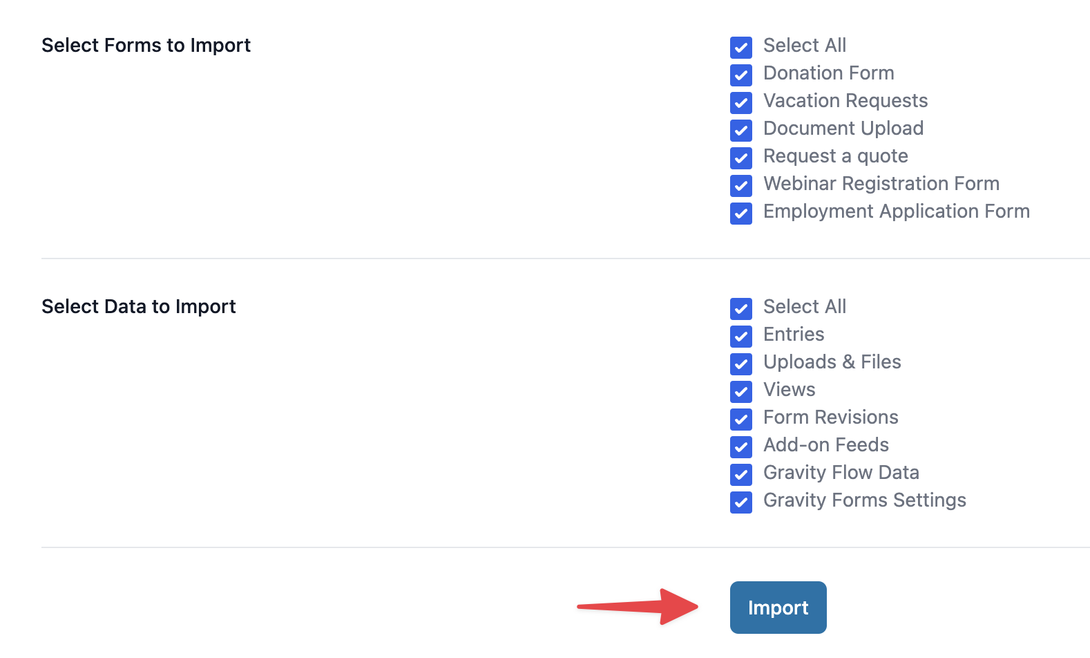 Select forms and data to import with checkboxes and import button
