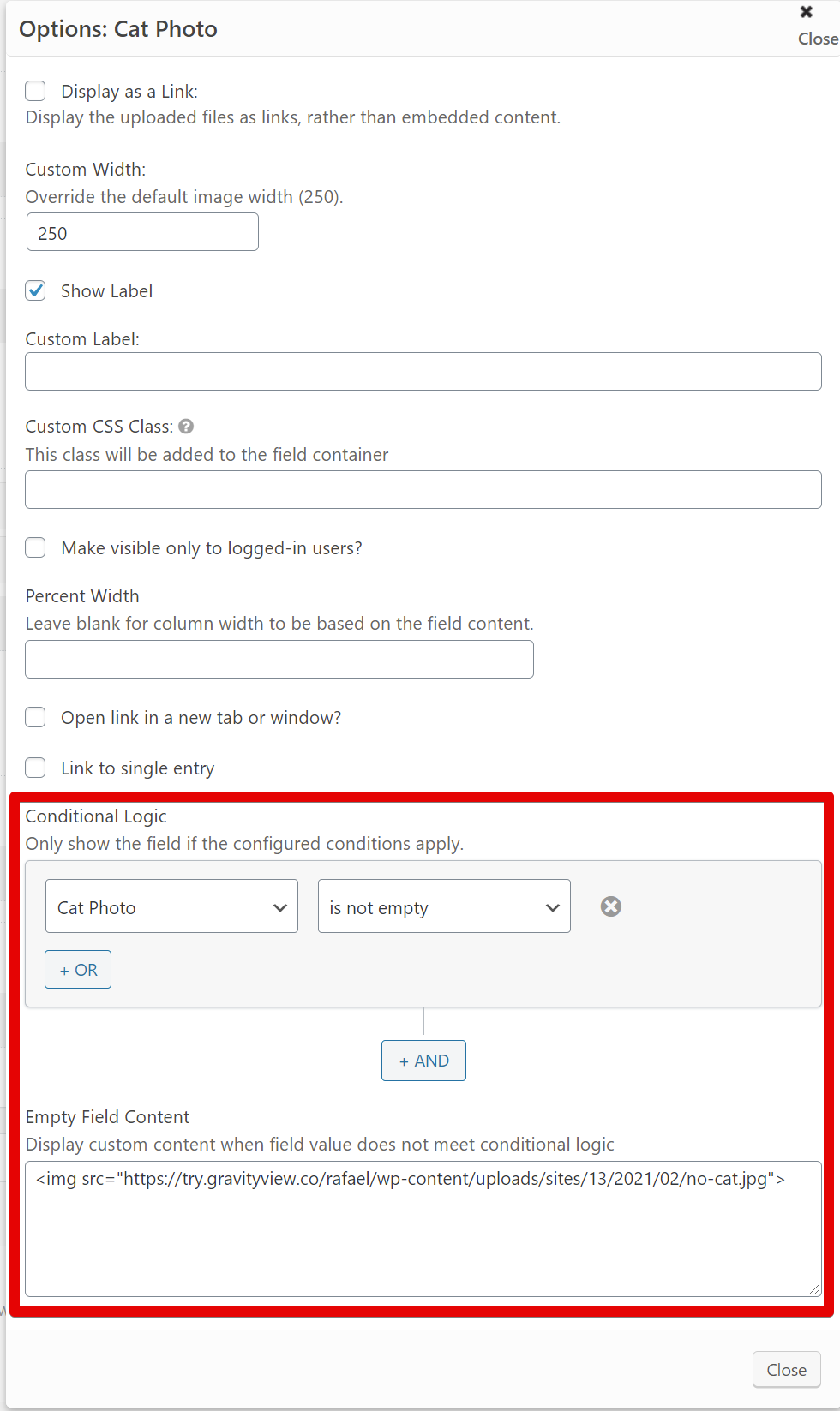 Options for displaying an image based on conditional logic settings
