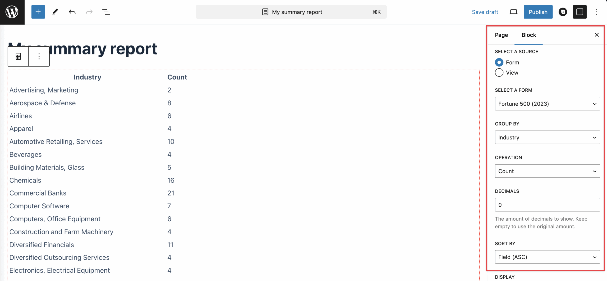 Summary report setup: Source form selected, grouped by industry, operation is count, Fortune 500 (2023) data used