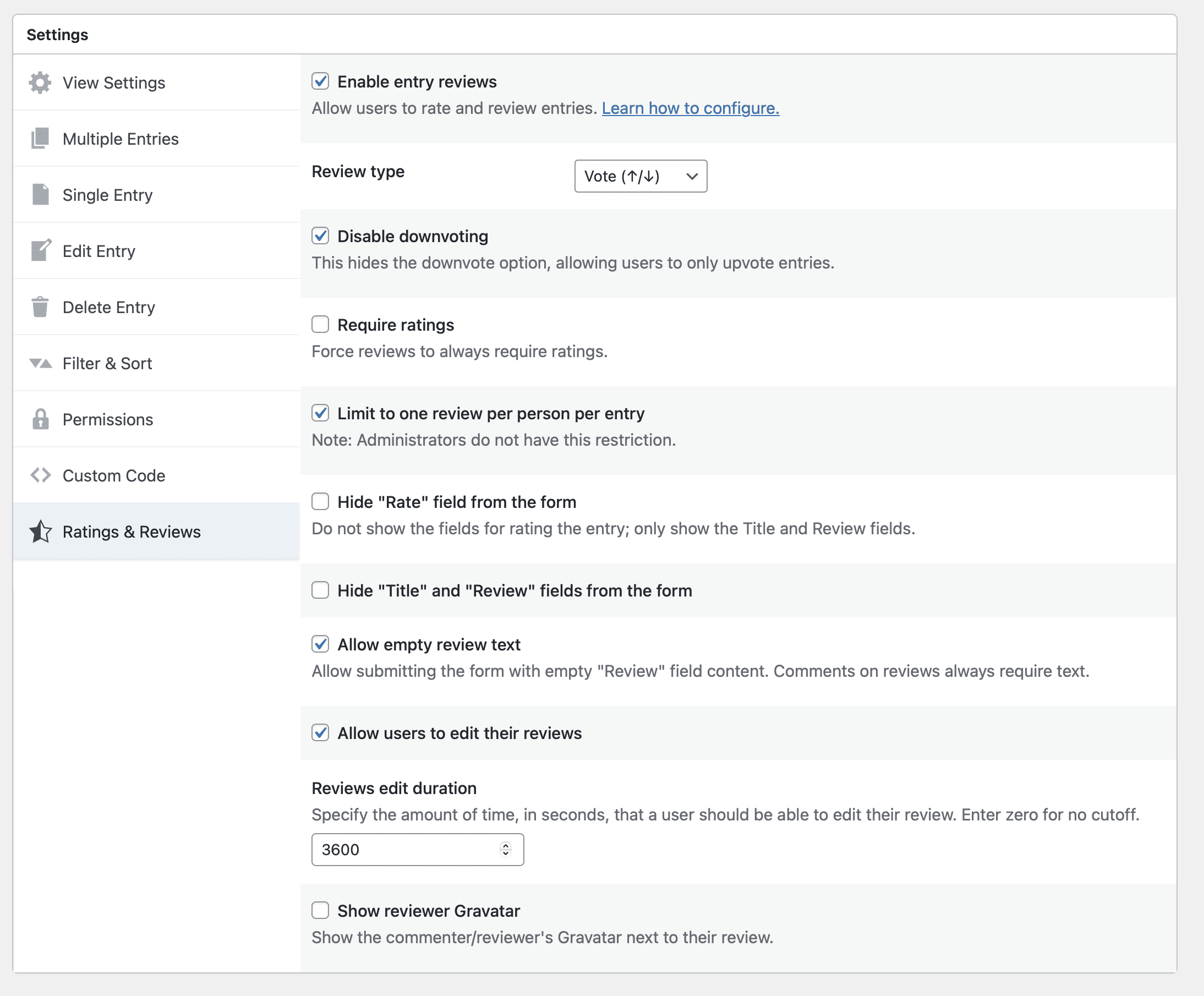 Settings panel for configuring Ratings & Reviews, including review type, limits, and edit duration options