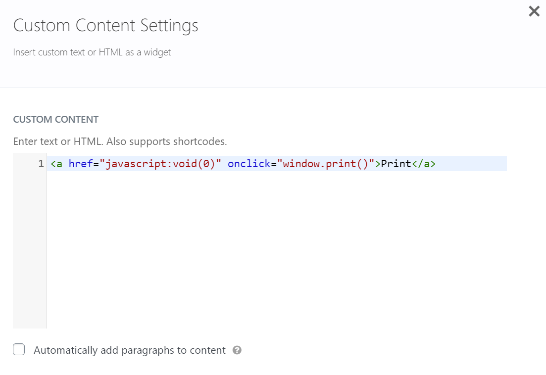 Custom HTML snippet for adding a Print button using JavaScript onClick event
