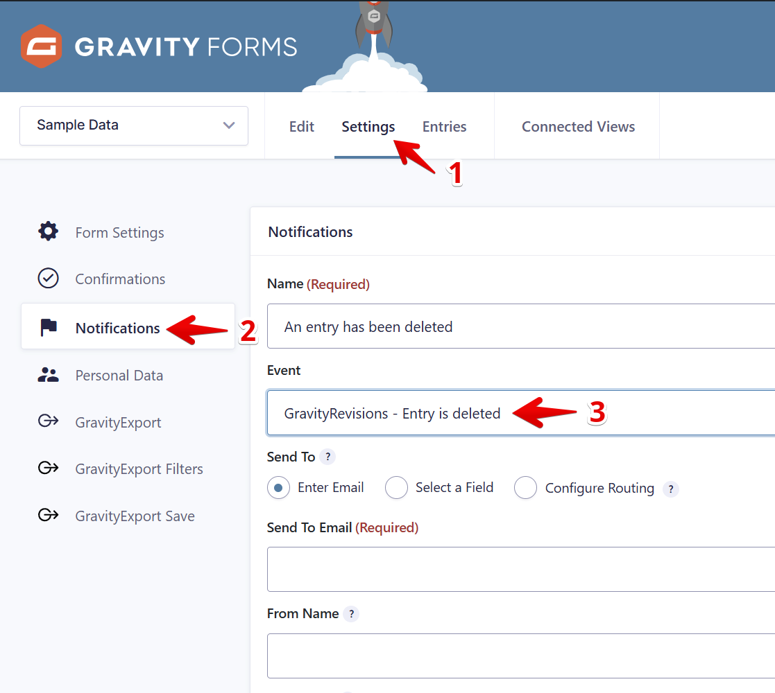 Gravity Forms interface showing notification settings for deleted entry alerts