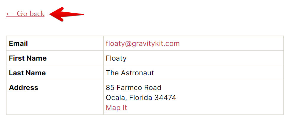 "Go Back link with arrow above contact details table including email, name, and address."