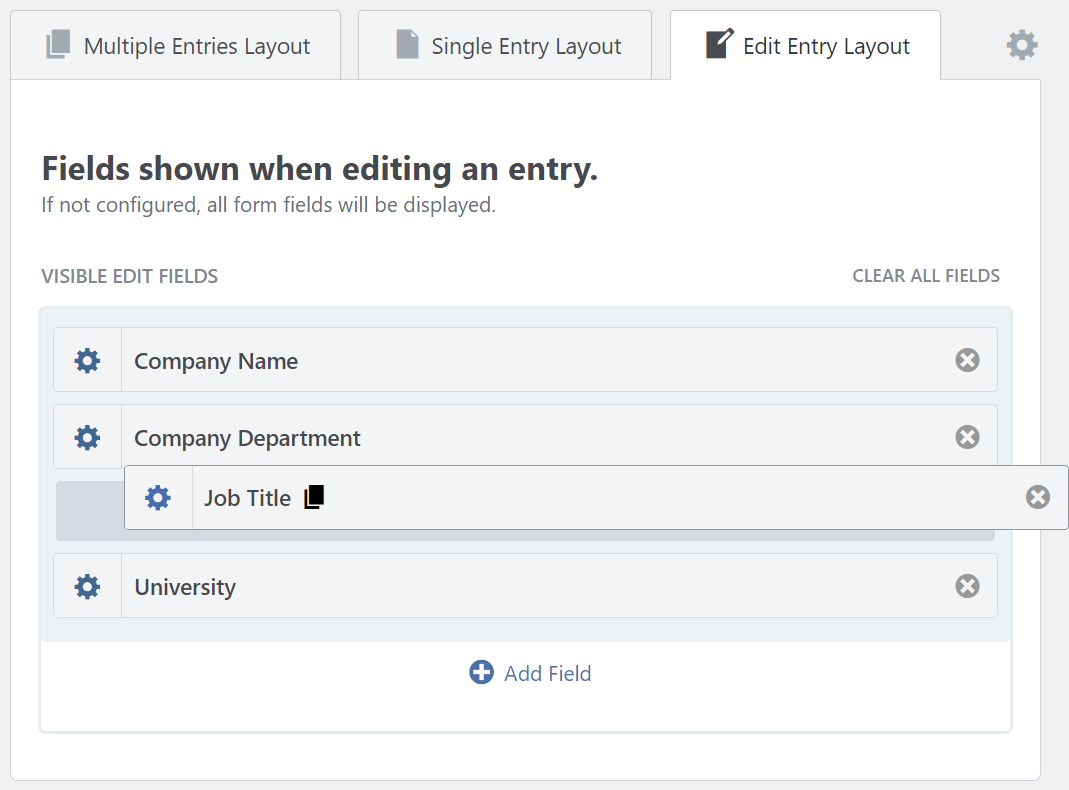 Edit Entry screen showing fields: Company Name, Department, Job Title, University, with add and clear options