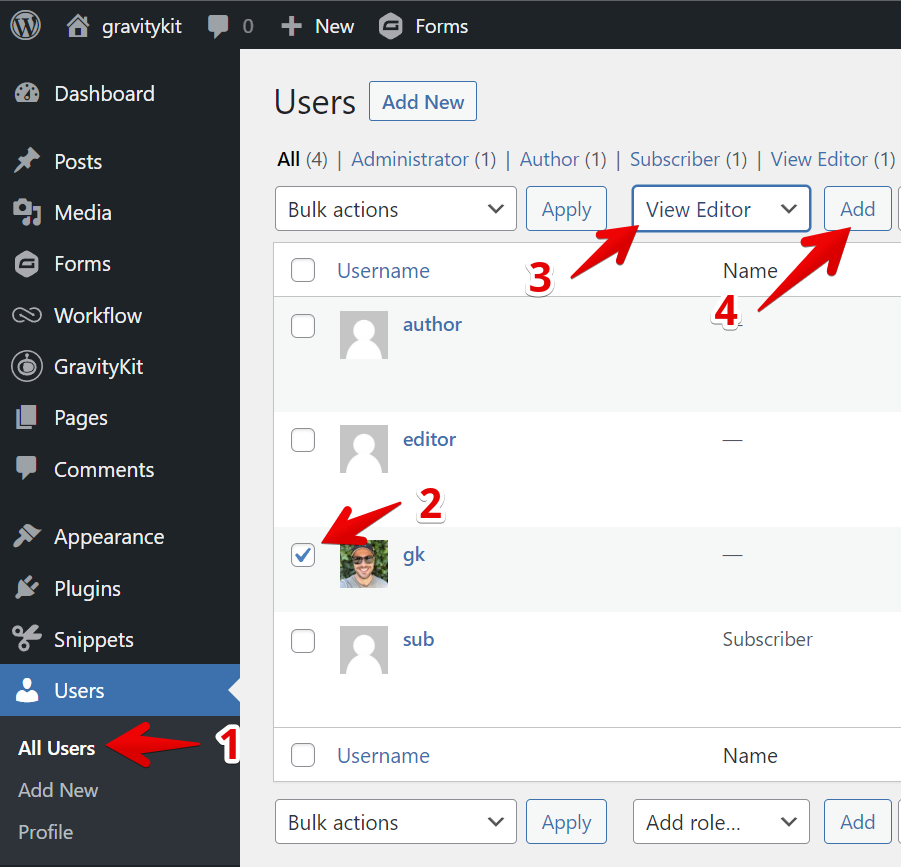 In WordPress, a user is assigned the "View Editor" role in the Users section