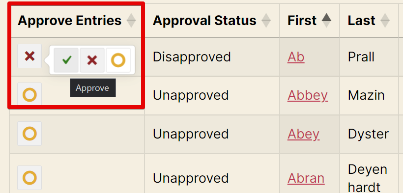 Toolbar for changing approval status icons in a table, including approve, reject, and pending status options
