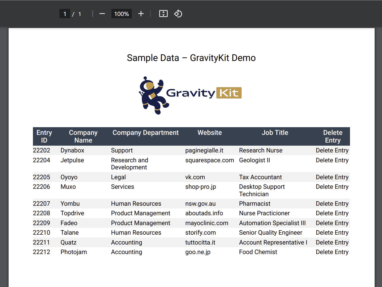 PDF with GravityKit logo and a table of sample company data including entry IDs, names, and job titles