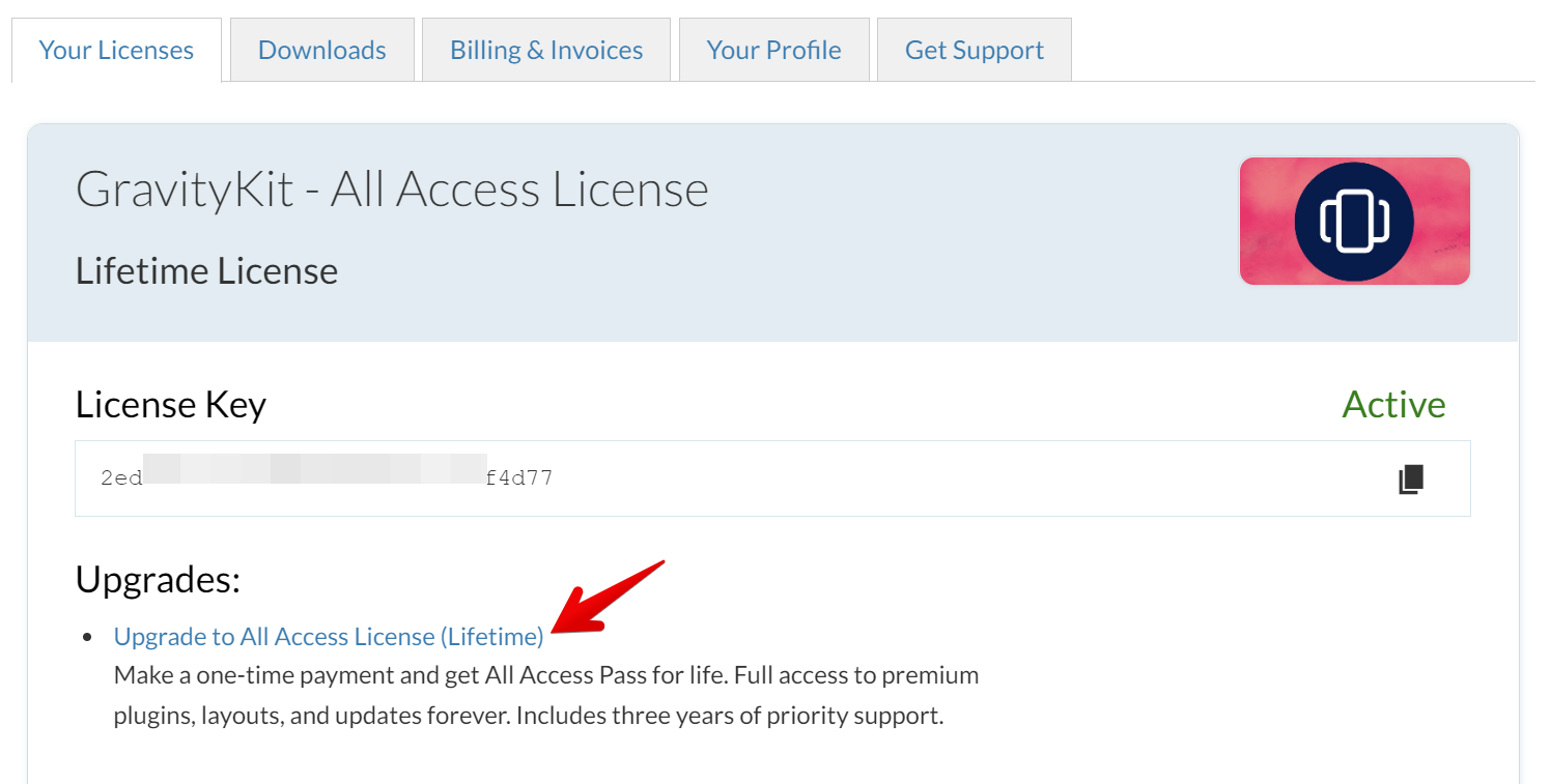 GravityKit account page showing active license key and upgrade option