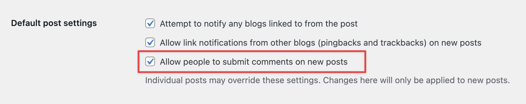 Default post settings showing comment submission option enabled for new posts