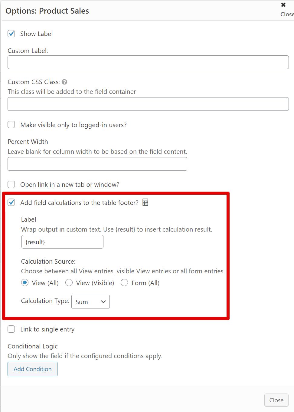 Pricing calculation settings for adding field calculations to table footer with custom label and calculation options