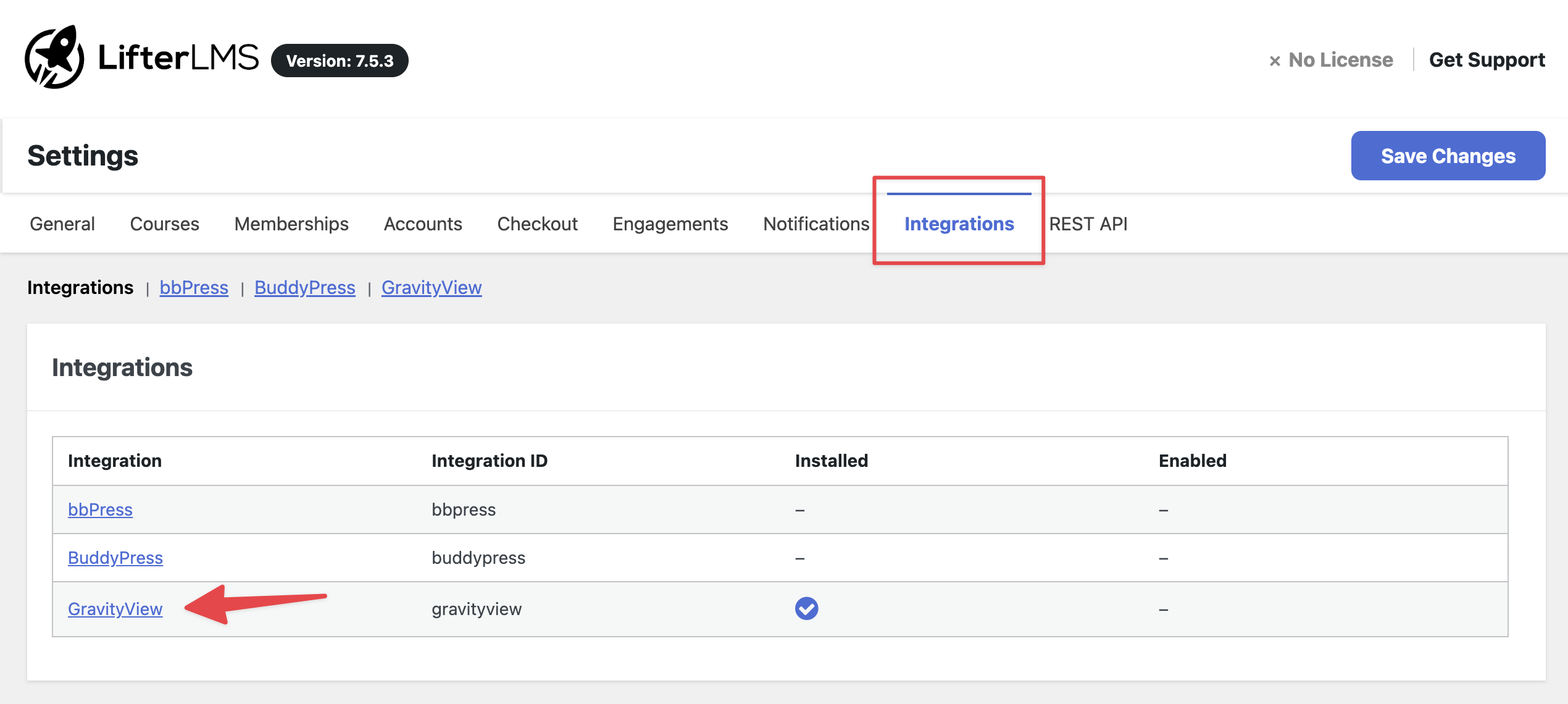 LifterLMS Integrations settings showing GravityView installed and enabled