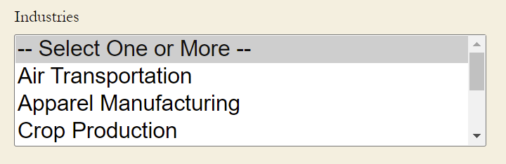 Dropdown for selecting industries: Air Transportation, Apparel Manufacturing, Crop Production, with default "Select One or…
