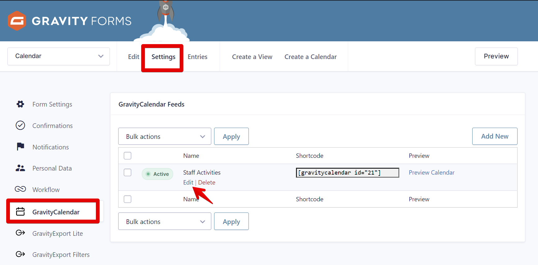 GravityForms interface showing GravityCalendar settings with options to edit or delete feeds