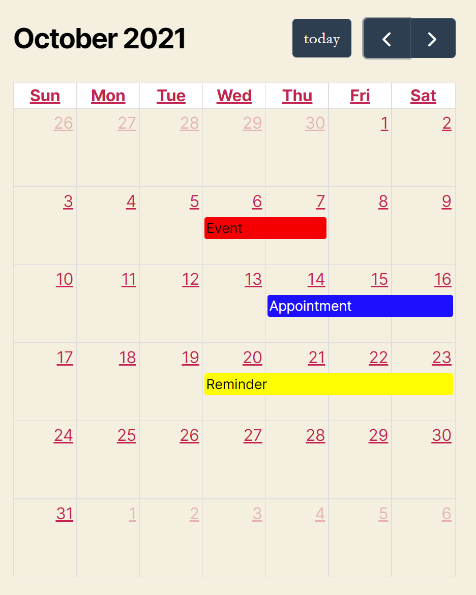 Calendar displaying events with custom colors: red for events, blue for appointments, yellow for reminders