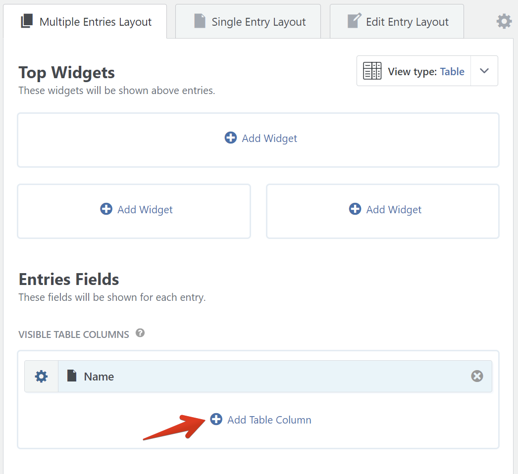 Edit Entry Layout screen with options to add widgets and table columns