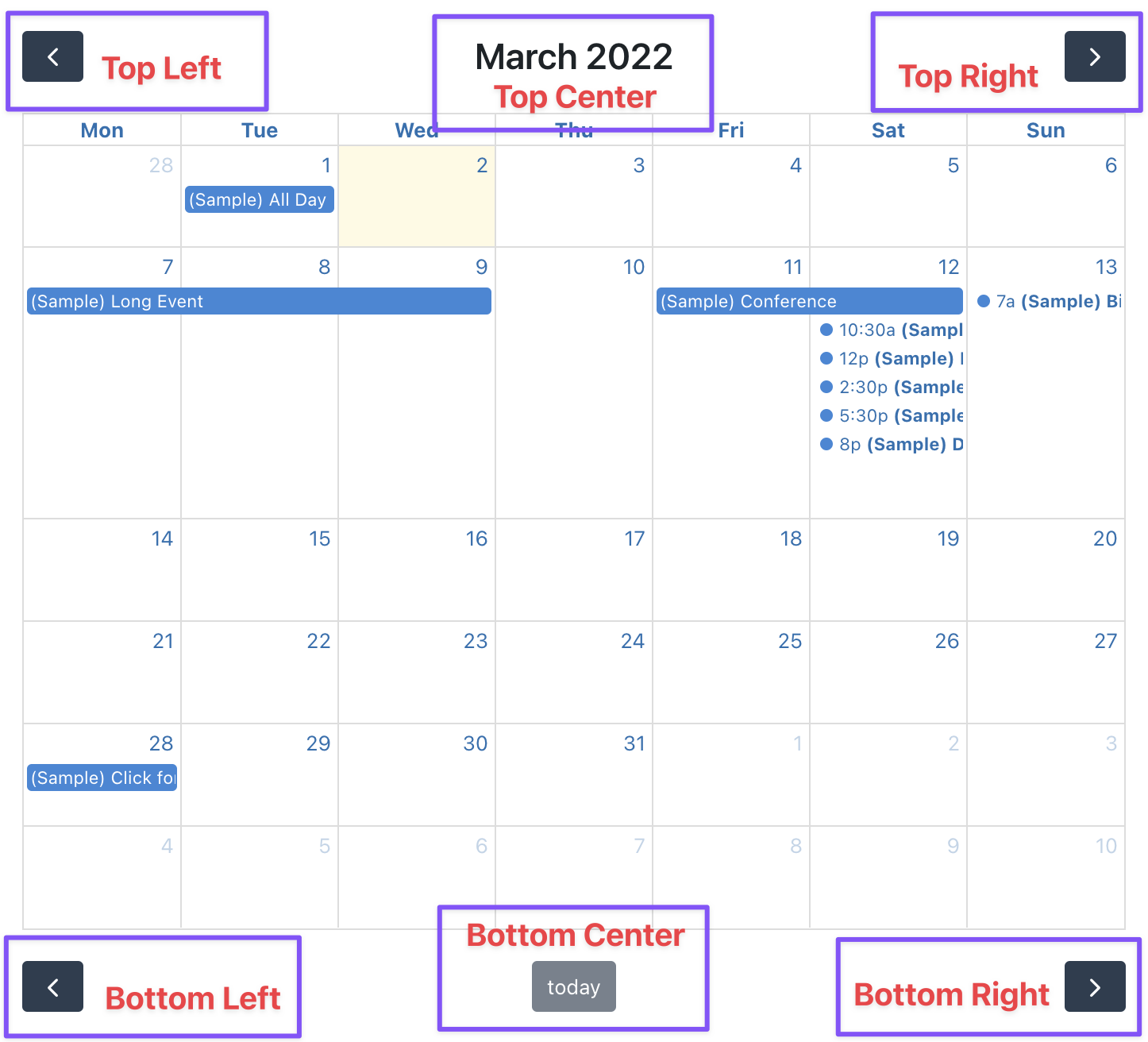 Calendar interface for March 2022 with navigation buttons and sample events