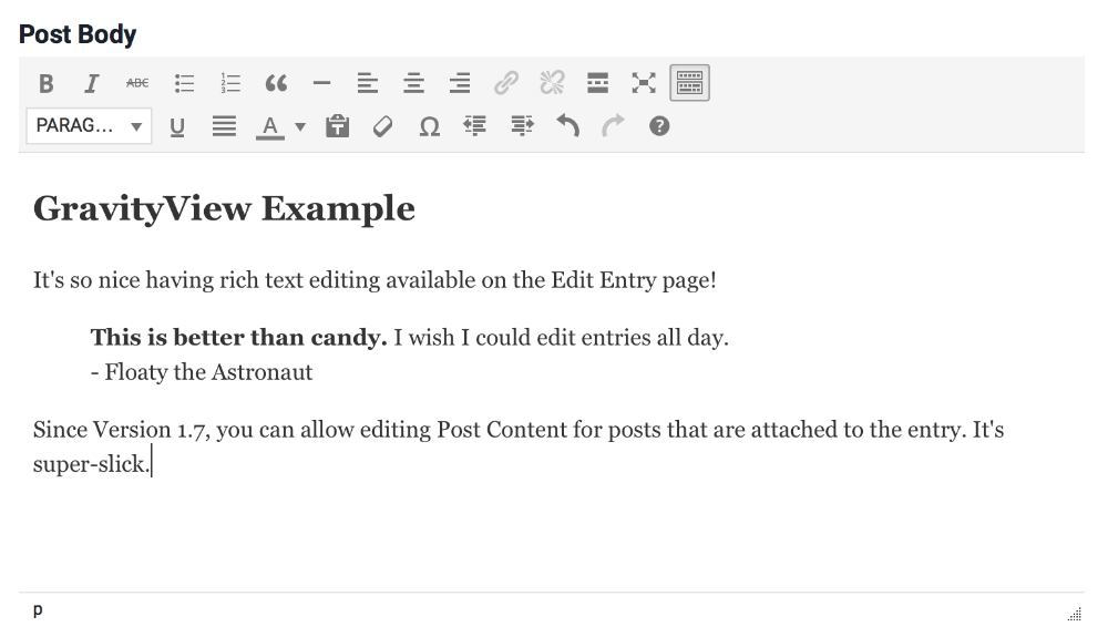 Rich text editor interface for editing Post Content with formatting options and sample text