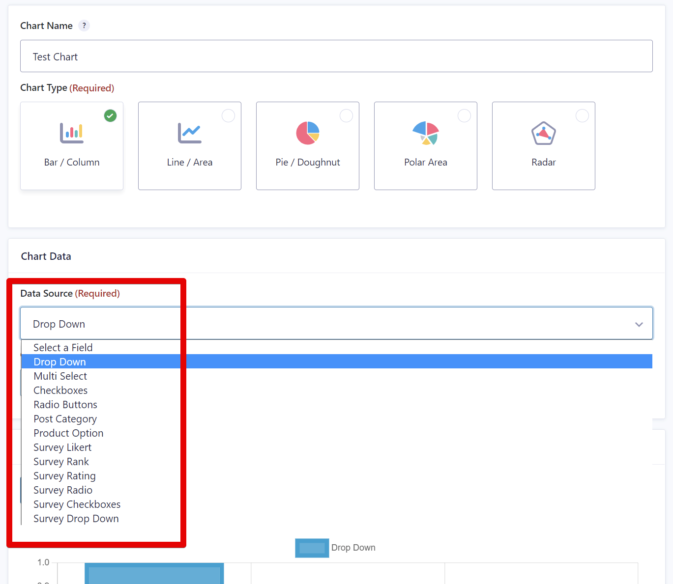 Dropdown menu showing data source options for chart configuration in GravityCharts