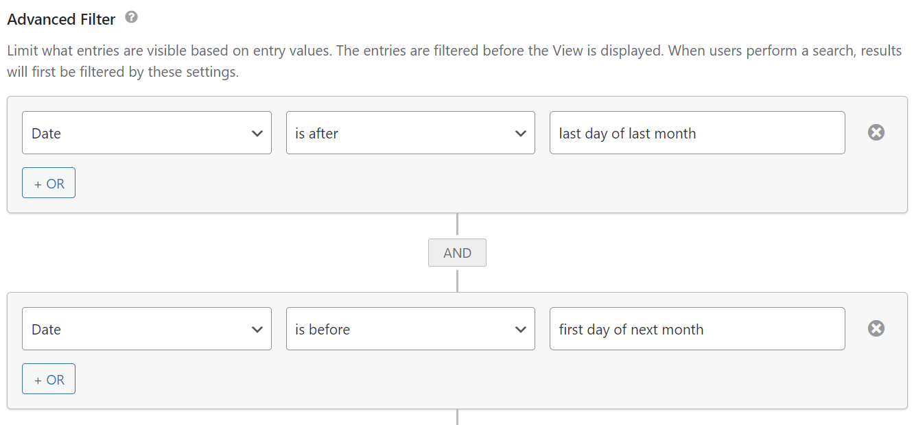Advanced filter setup for date range: after last day of last month and before first day of next month