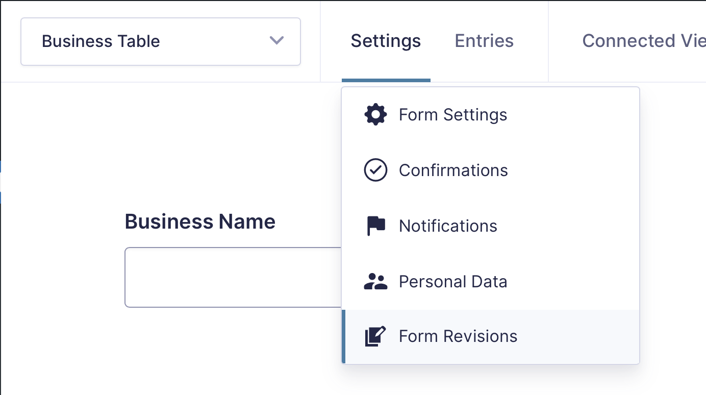 Dropdown menu with options: Form Settings, Confirmations, Notifications, Personal Data, and Form Revisions