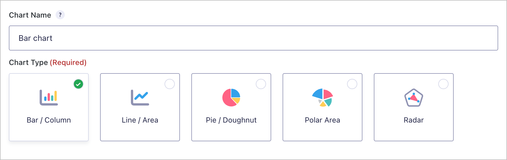 Chart setup interface with options for Bar, Line, Pie, Polar, and Radar chart types. Bar chart selected
