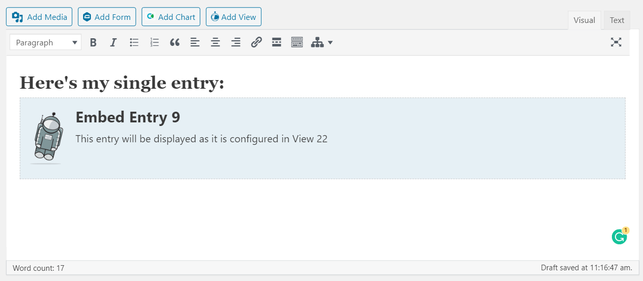 Embedding a single entry into a page with text editor showing "Embed Entry 9"