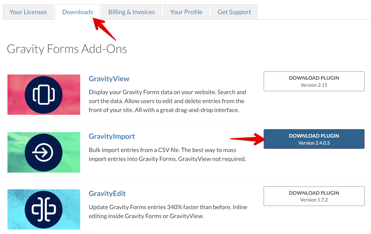 Download page for Gravity Forms plugins, showing options for GravityView, GravityImport, and GravityEdit plugins