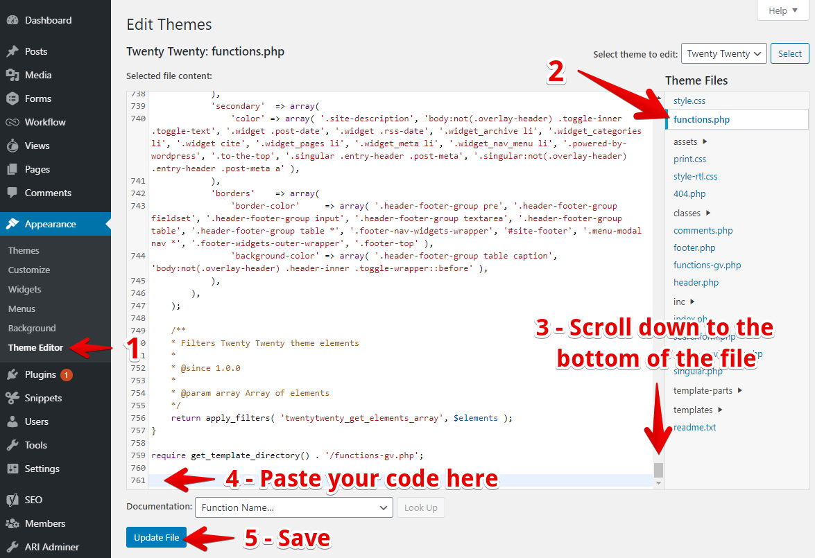 Edit functions.php in the Theme Editor, add code at the file's end, and save changes