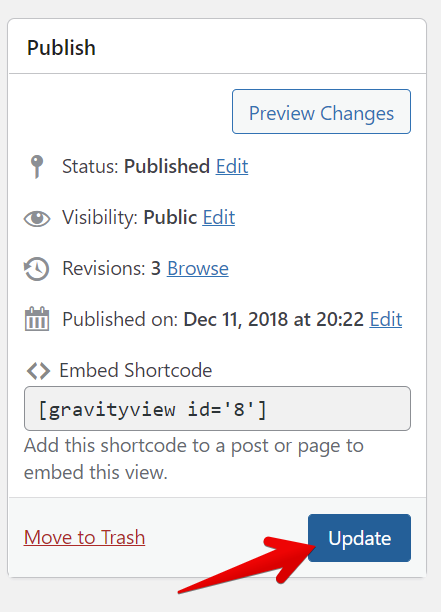 WordPress publish panel with shortcode and update button highlighted