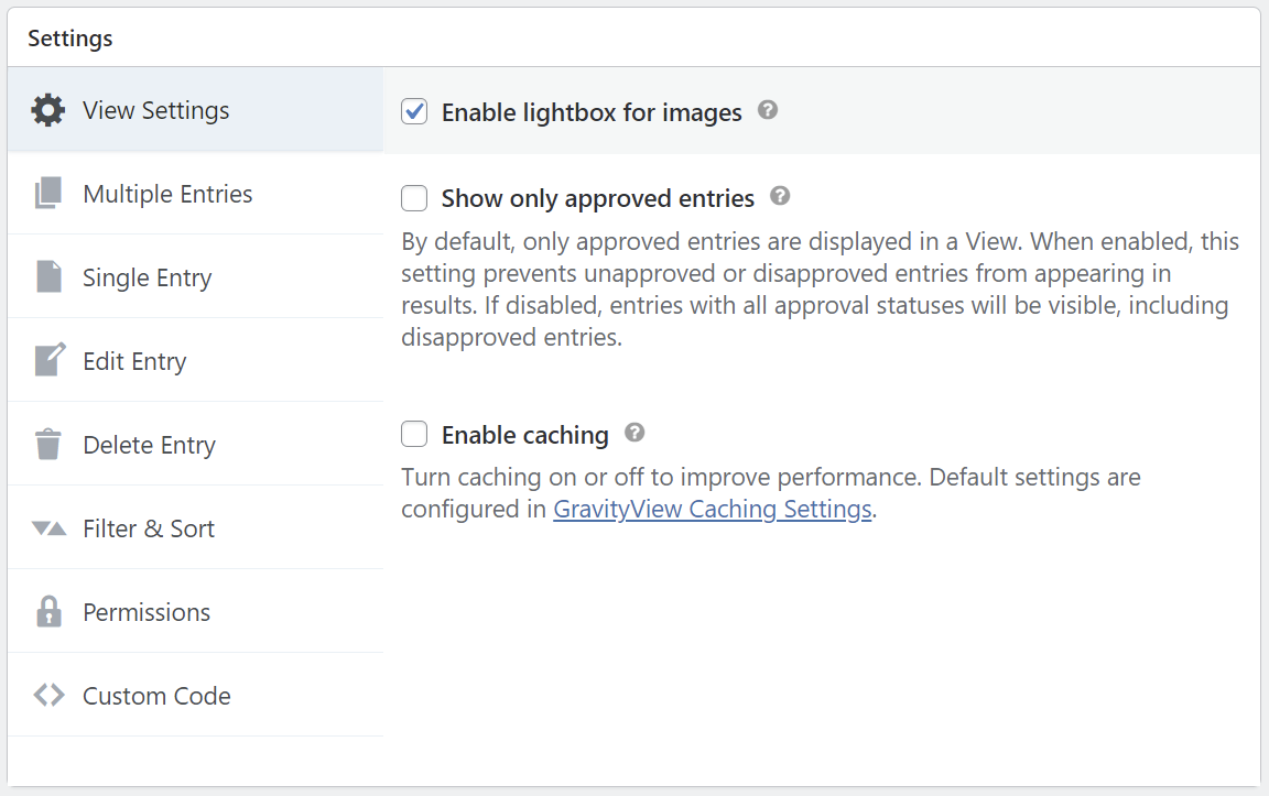 View Settings Meta Box with options for enabling lightbox, showing approved entries, and caching settings